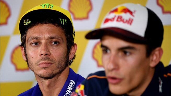 Valentino Rossi y Marc Márquez en una rueda de prensa del mundial de 2018. (OkDiario)