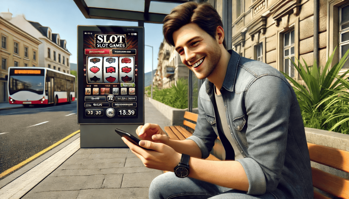 Persona disfrutando de una experiencia de juego online en slots mientras aprovecha el tiempo libre en un entorno urbano