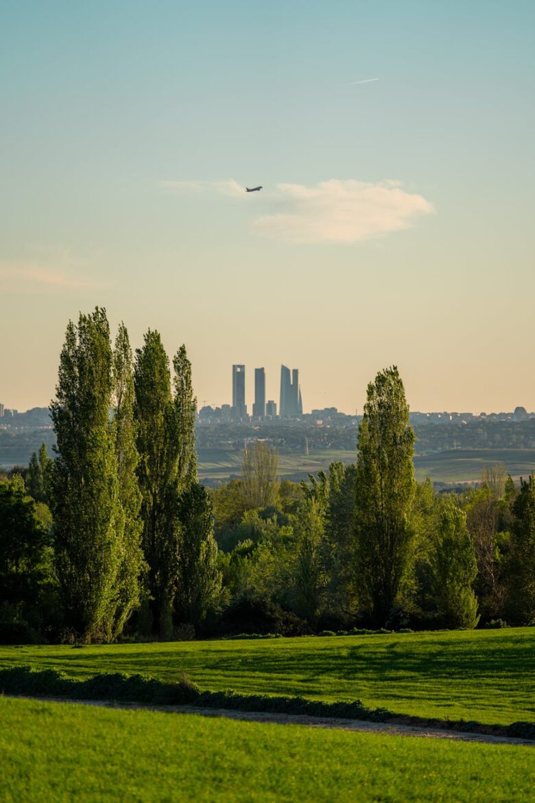 airplane flying over city and countryside